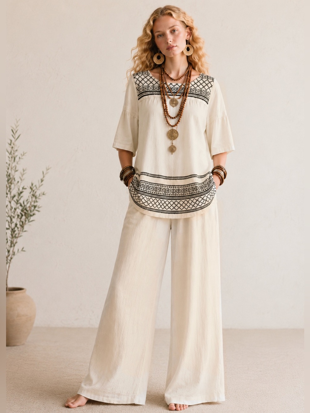 J. Jill Women's Shirt Top Ivory Embroidered 3/4 Bell Sleeve Boho Tunic Sz PS